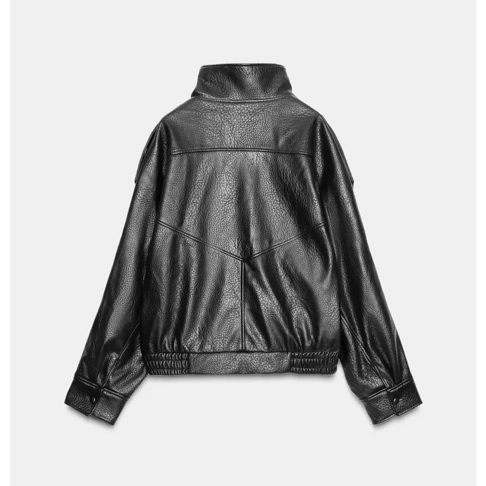 Viral Zara Black Faux Leather Funnel Neck Bomber Jacket - Picture 2 of 6